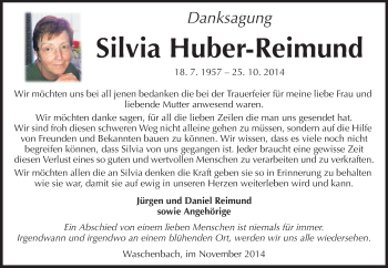 Traueranzeige von Silvia Huber-Reimund von Echo-Zeitungen (Gesamtausgabe)