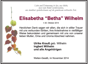 Traueranzeige von Elisabetha Wilhelm von Odenwälder Echo