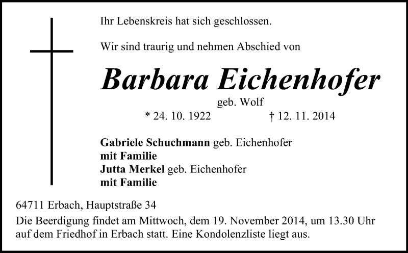  Traueranzeige für Barbara Eichenhofer vom 15.11.2014 aus Odenwälder Echo