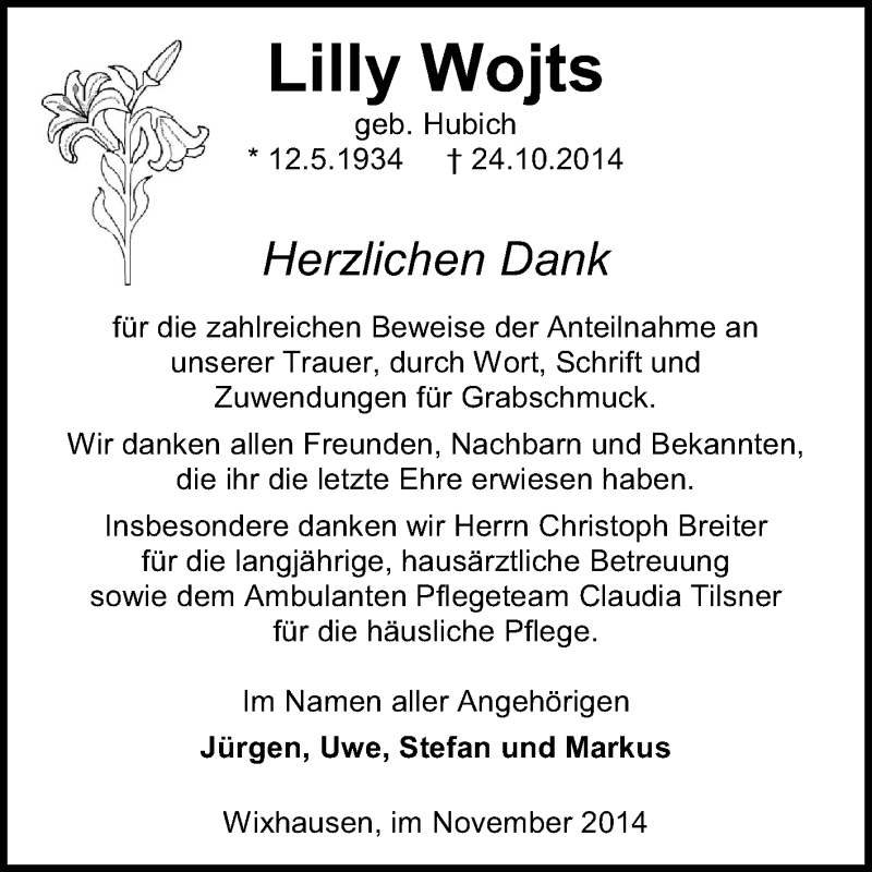 Traueranzeige für Lilly Wojts vom 15.11.2014 aus Echo-Zeitungen (Gesamtausgabe)