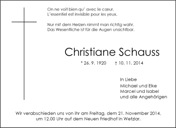Traueranzeige von Christiane Schauss von Echo-Zeitungen (Gesamtausgabe)