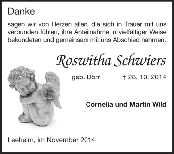 Traueranzeige von Roswitha Schwiers von Rüsselsheimer Echo, Groß-Gerauer-Echo, Ried Echo