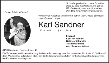 Traueranzeige von Karl Sandner von Echo-Zeitungen (Gesamtausgabe)