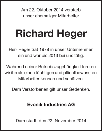 Traueranzeige von Richard Heger von Echo-Zeitungen (Gesamtausgabe)