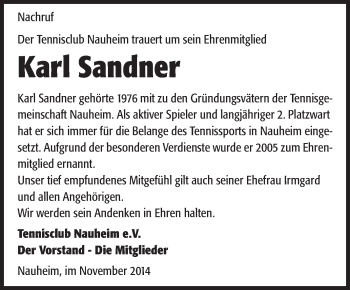 Traueranzeige von Karl Sandner von Rüsselsheimer Echo, Groß-Gerauer-Echo, Ried Echo