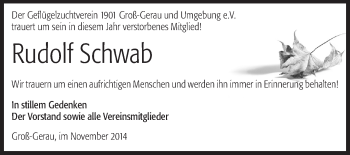 Traueranzeige von Rudolf Schwab von Rüsselsheimer Echo, Groß-Gerauer-Echo, Ried Echo