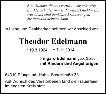 Traueranzeige von Theodor Edelmann von Echo-Zeitungen (Gesamtausgabe)