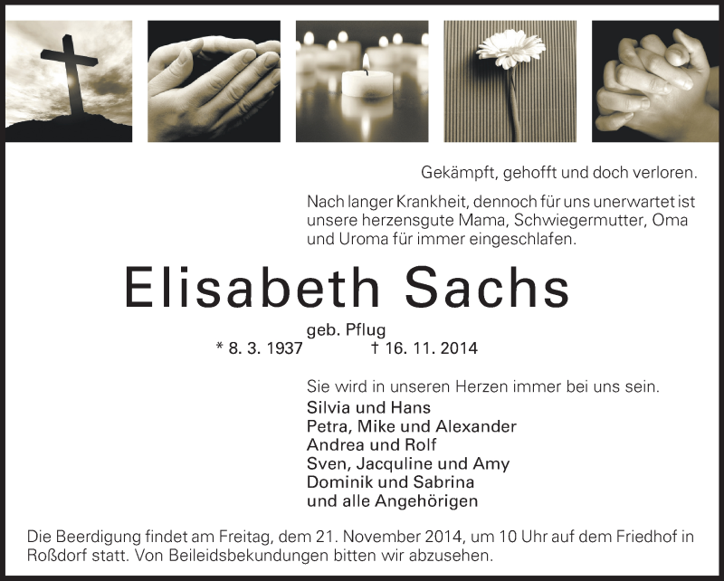  Traueranzeige für Elisabeth Sachs vom 19.11.2014 aus Echo-Zeitungen (Gesamtausgabe)