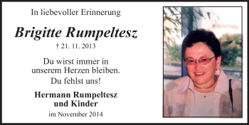 Traueranzeige von Brigitte Rumpeltesz von Rüsselsheimer Echo, Groß-Gerauer-Echo, Ried Echo