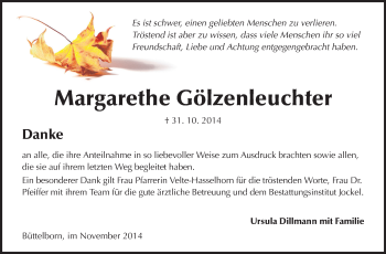 Traueranzeige von Margarethe Gölzenleuchter von Rüsselsheimer Echo, Groß-Gerauer-Echo, Ried Echo
