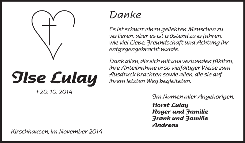  Traueranzeige für Ilse Lulay vom 22.11.2014 aus Starkenburger Echo