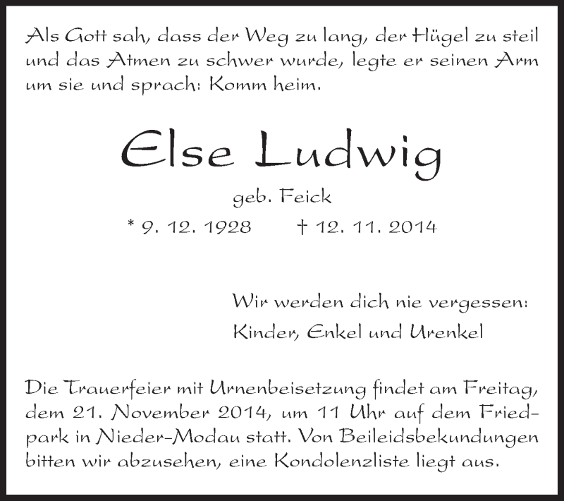  Traueranzeige für Else Ludwig vom 19.11.2014 aus Darmstädter Echo, Odenwälder Echo, Rüsselsheimer Echo, Groß-Gerauer-Echo, Ried Echo