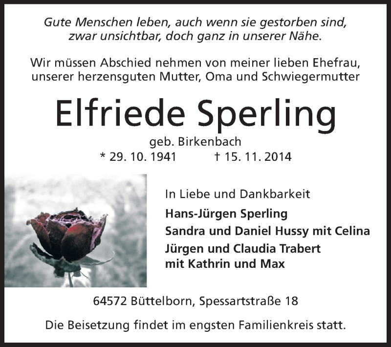  Traueranzeige für Elfriede Sperling vom 19.11.2014 aus Rüsselsheimer Echo, Groß-Gerauer-Echo, Ried Echo
