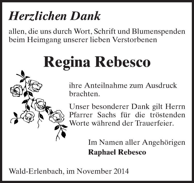  Traueranzeige für Regina Rebesco vom 19.11.2014 aus Starkenburger Echo