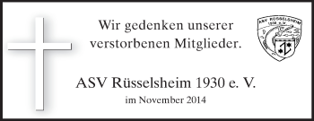 Traueranzeige von Wir gedenken unserer Mitglieder ASV Rüsselsheim von Rüsselsheimer Echo, Groß-Gerauer-Echo, Ried Echo