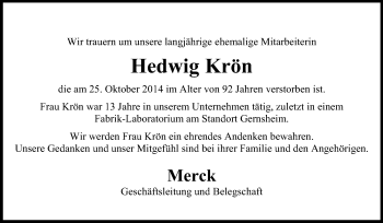 Traueranzeige von Hedwig Krön von Echo-Zeitungen (Gesamtausgabe)