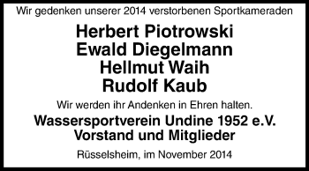 Traueranzeige von Wir gedenken unserer Sportkameraden Wassersportverein Undine von Rüsselsheimer Echo, Groß-Gerauer-Echo, Ried Echo