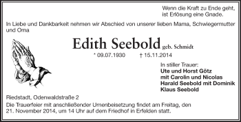 Traueranzeige von Edith Seebold von Echo-Zeitungen (Gesamtausgabe)