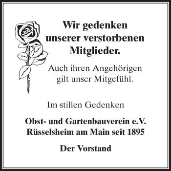Traueranzeige von Wir gedenken unserer Mitglieder Obst- und Gartenbauverein von Rüsselsheimer Echo, Groß-Gerauer-Echo, Ried Echo