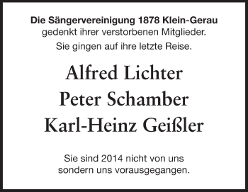 Traueranzeige von Gedenken an Mitglieder Sängervereinigung 1878 von Rüsselsheimer Echo, Groß-Gerauer-Echo, Ried Echo