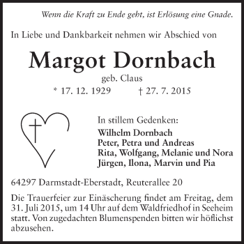 Traueranzeige von Margot Dornbach von Echo-Zeitungen (Gesamtausgabe)