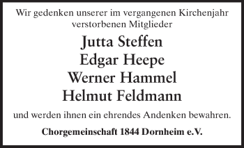 Traueranzeige von Gedenken an Mitglieder Chorgemeinschaft 1844 von Rüsselsheimer Echo, Groß-Gerauer-Echo, Ried Echo