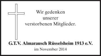 Traueranzeige von Gedenken an Mitglieder G.T.V. Almarausch von Rüsselsheimer Echo, Groß-Gerauer-Echo, Ried Echo