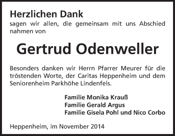 Traueranzeige von Gertrud Odenweller von Starkenburger Echo