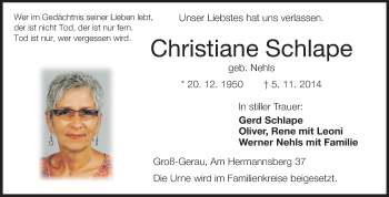 Traueranzeige von Christiane Schlape von Echo-Zeitungen (Gesamtausgabe)