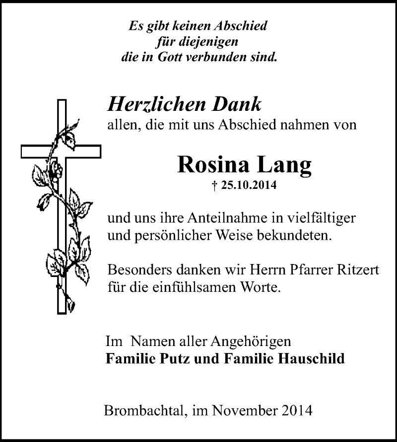  Traueranzeige für Rosina Lang vom 22.11.2014 aus Odenwälder Echo