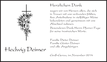Traueranzeige von Hedwig Deimer von Rüsselsheimer Echo, Groß-Gerauer-Echo, Ried Echo