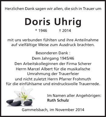 Traueranzeige von Doris Uhrig von Odenwälder Echo