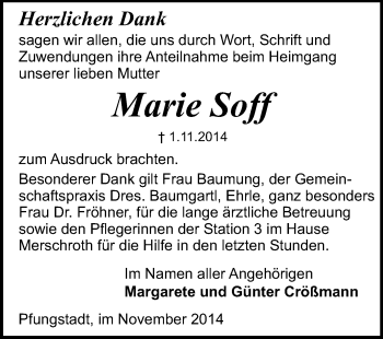Traueranzeige von Marie Soff von Echo-Zeitungen (Gesamtausgabe)