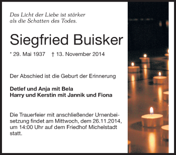 Traueranzeige von Siegfried Buisker von Odenwälder Echo