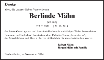 Traueranzeige von Berlinde Mähn von Rüsselsheimer Echo, Groß-Gerauer-Echo, Ried Echo