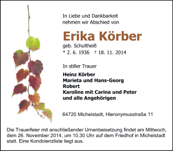 Traueranzeige von Erika Körber von Odenwälder Echo