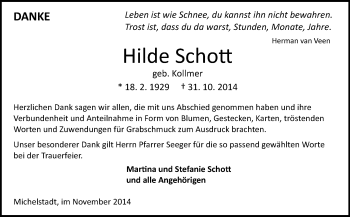 Traueranzeige von Hilde Schott von Odenwälder Echo