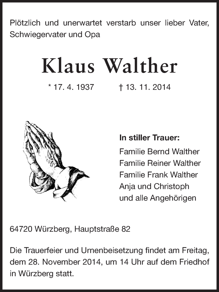  Traueranzeige für Klaus Walther vom 25.11.2014 aus Odenwälder Echo