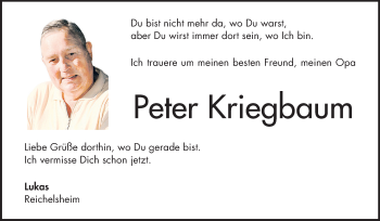 Traueranzeige von Peter Kriegbaum von Odenwälder Echo