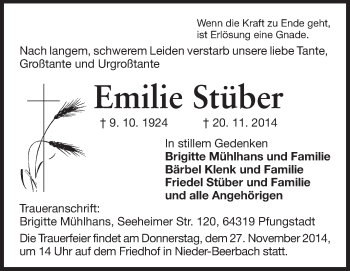 Traueranzeige von Emilie Stüber von Echo-Zeitungen (Gesamtausgabe)