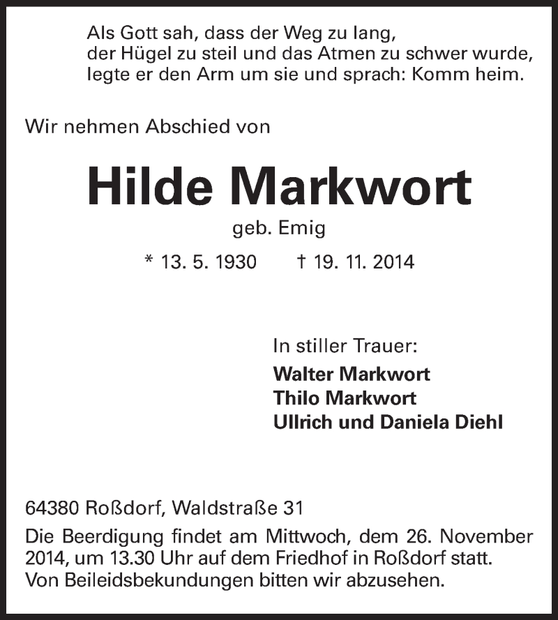  Traueranzeige für Hilde Markwort vom 24.11.2014 aus Echo-Zeitungen (Gesamtausgabe)