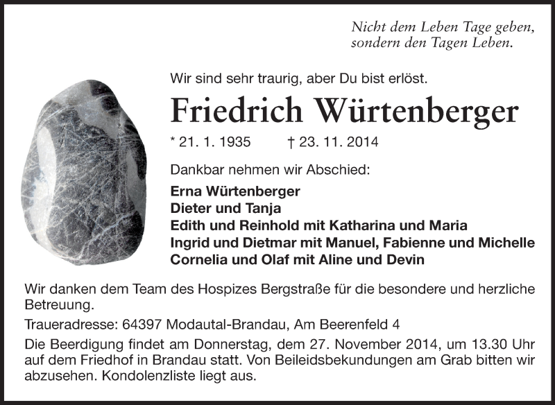  Traueranzeige für Friedrich Würtenberger vom 25.11.2014 aus Echo-Zeitungen (Gesamtausgabe)
