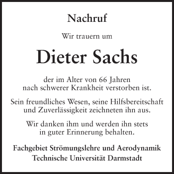 Traueranzeige von Dieter Sachs von Echo-Zeitungen (Gesamtausgabe)