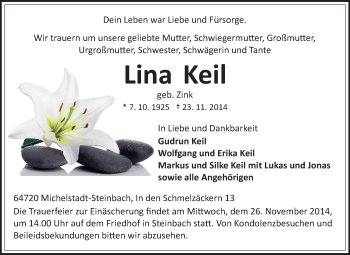 Traueranzeige von Lina Keil von Odenwälder Echo