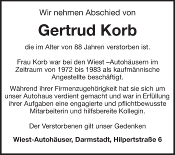 Traueranzeige von Gertrud Korb von Echo-Zeitungen (Gesamtausgabe)
