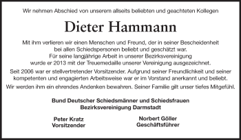 Traueranzeige von Dieter Hammann von Echo-Zeitungen (Gesamtausgabe)
