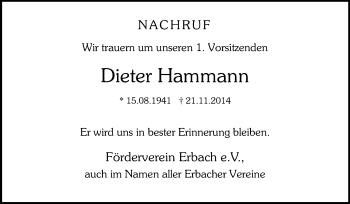 Traueranzeige von Dieter Hammann von Starkenburger Echo