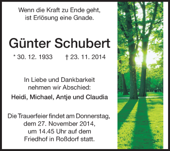 Traueranzeige von Günter Schubert von Echo-Zeitungen (Gesamtausgabe)