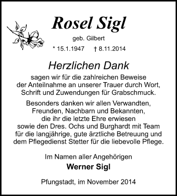 Traueranzeige von Rosel Sigl von Echo-Zeitungen (Gesamtausgabe)