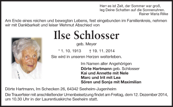 Traueranzeige von Ilse Schlosser von Echo-Zeitungen (Gesamtausgabe)